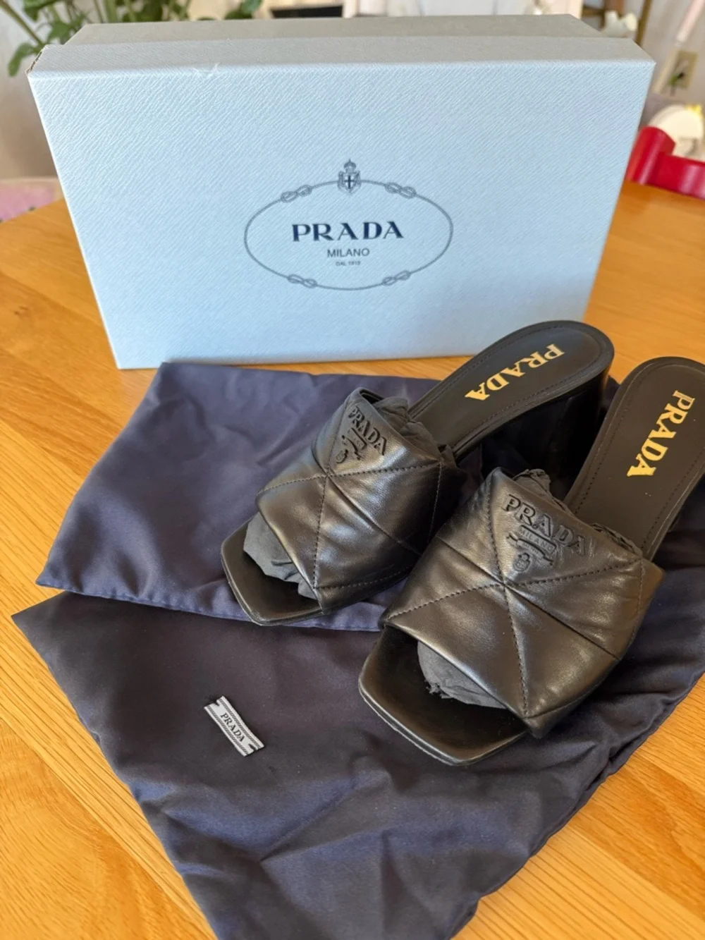 Prada Black Quilted Leather Square-Toe Heel Mules - Picture 2 of 11